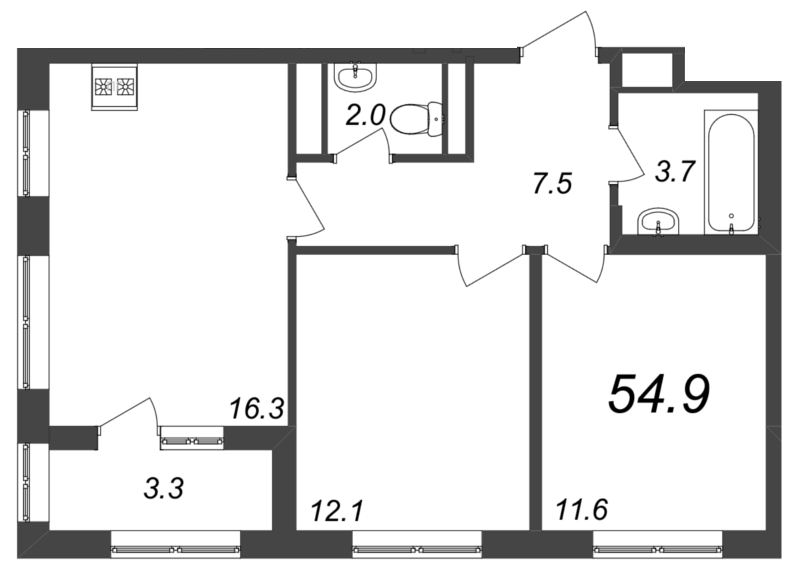 2-комнатная квартира, 55.2 м² - планировка, фото №1