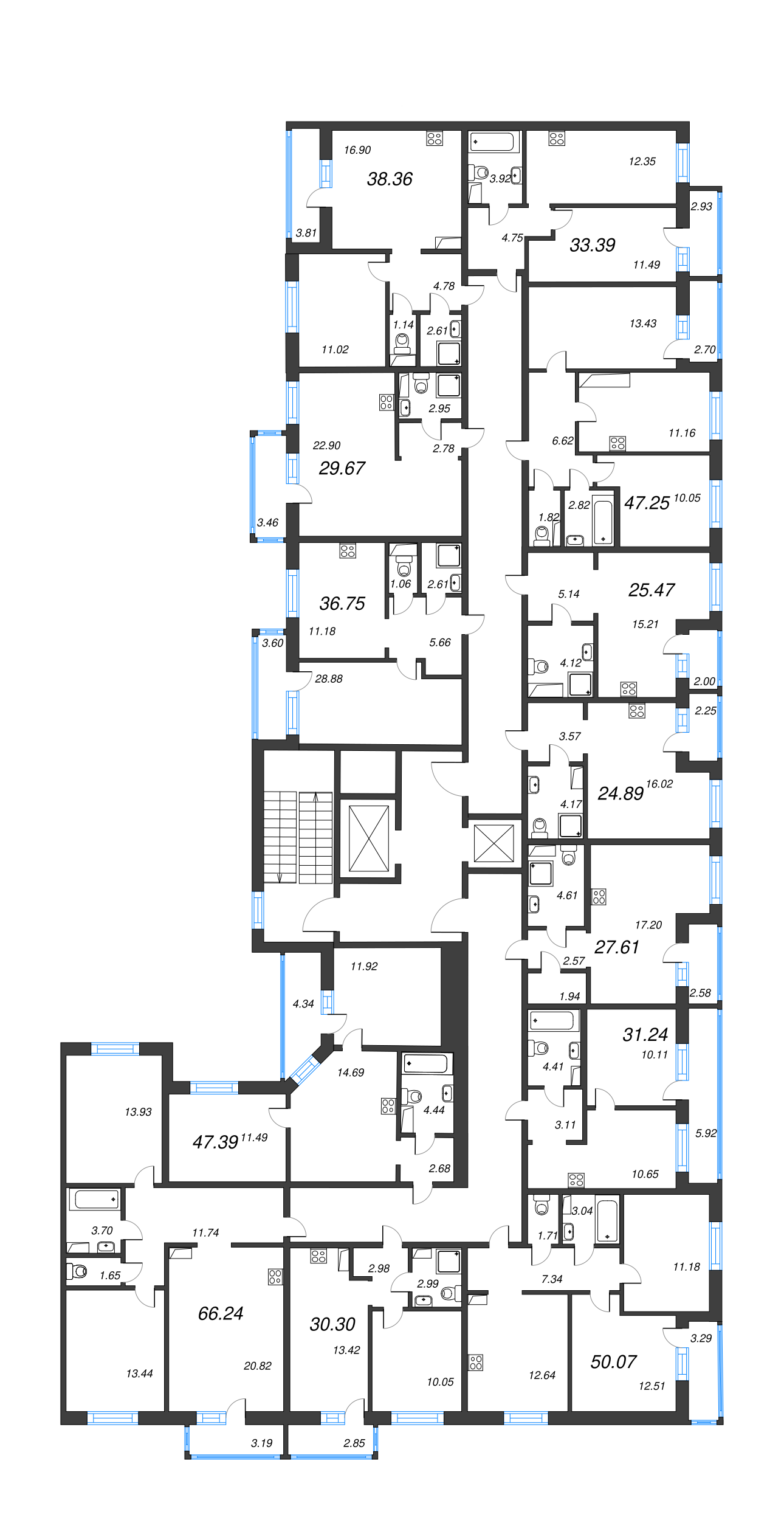 3-комнатная (Евро) квартира, 66.24 м² - планировка этажа