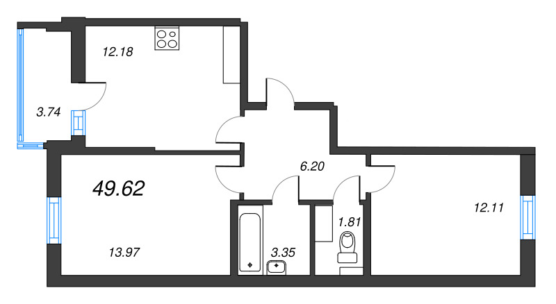 2-комнатная квартира, 49.62 м² - планировка, фото №1