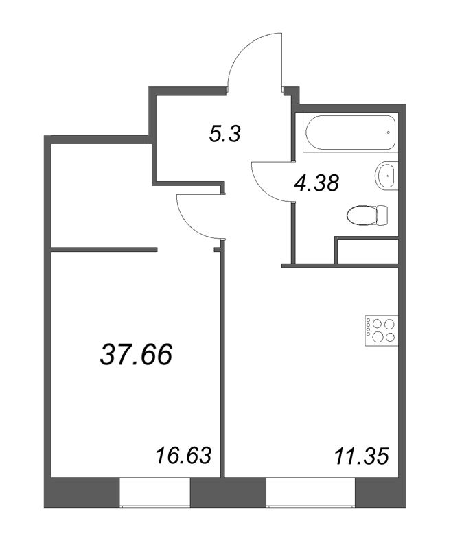 1-комнатная квартира, 37.66 м² в ЖК "ID Svetlanovskiy" - планировка, фото №1