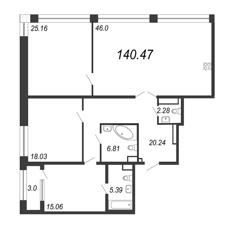 4-комнатная (Евро) квартира, 140.47 м² - планировка, фото №1