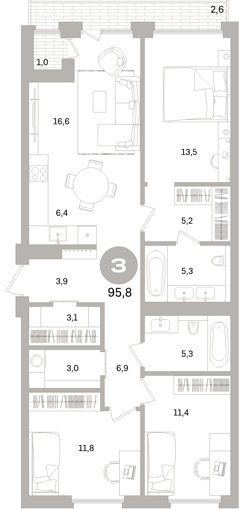 4-комнатная (Евро) квартира, 95.8 м² в ЖК "Северный ветер" - планировка, фото №1