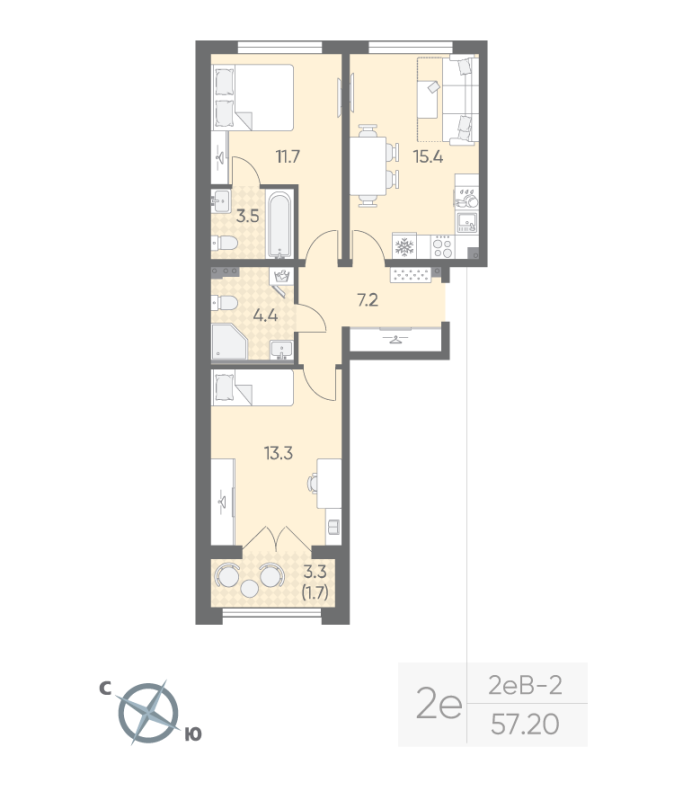 3-комнатная (Евро) квартира, 57.2 м² в ЖК "Пулково Lake" - планировка, фото №1
