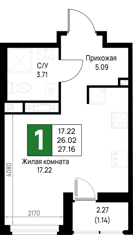 Квартира-студия, 27.16 м² в ЖК "Имена" - планировка, фото №1