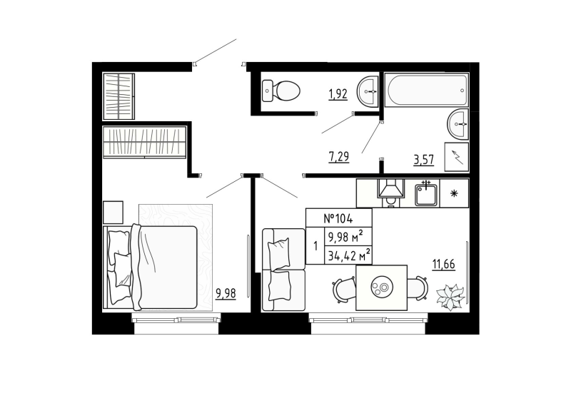 1-комнатная квартира, 34.41 м² - планировка, фото №1