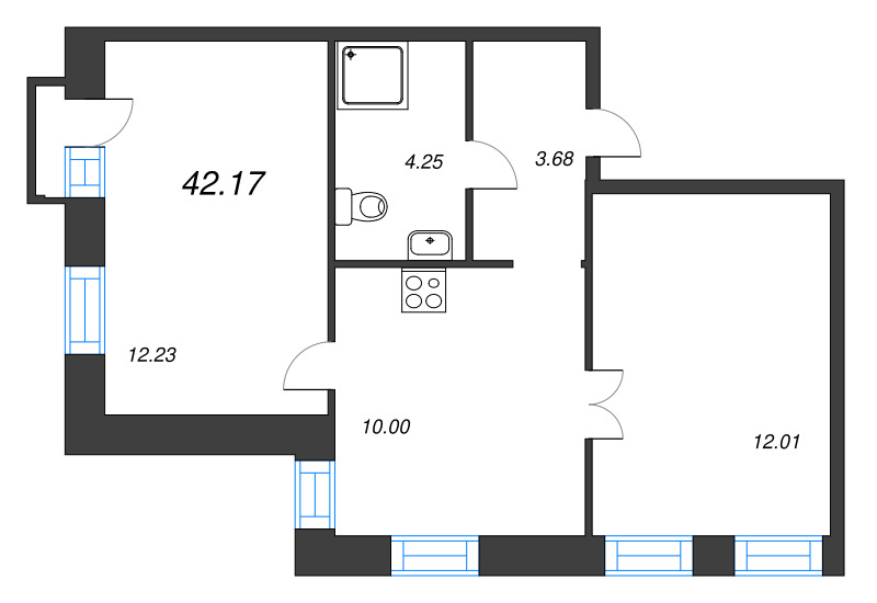 2-комнатная квартира, 42.17 м² - планировка, фото №1