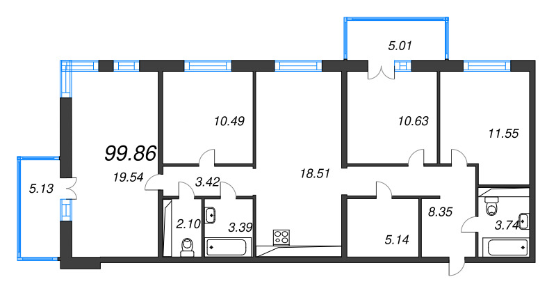 5-комнатная (Евро) квартира, 99.86 м² в ЖК "Арт Парк" - планировка, фото №1