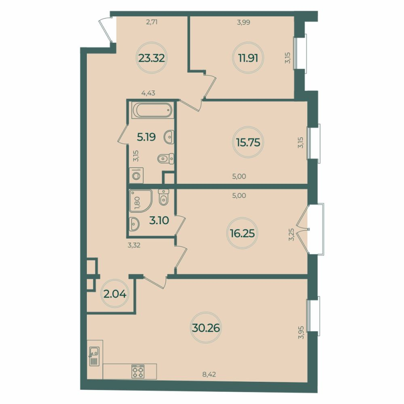 4-комнатная (Евро) квартира, 106.19 м² в ЖК "Дуалист" - планировка, фото №1