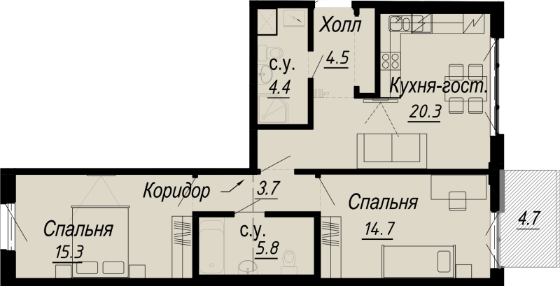 3-комнатная (Евро) квартира, 70.7 м² - планировка, фото №1