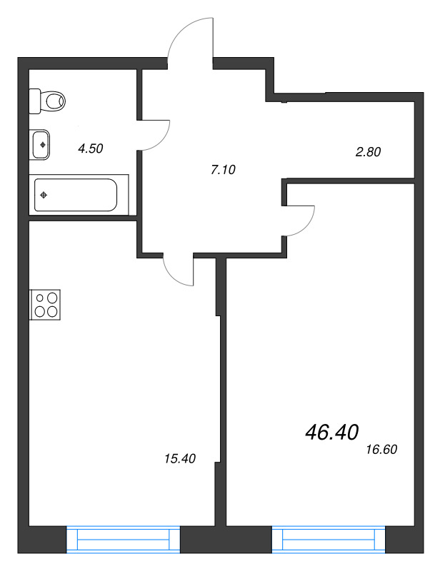 2-комнатная (Евро) квартира, 46.4 м² в ЖК "Ягодное Река Парк" - планировка, фото №1
