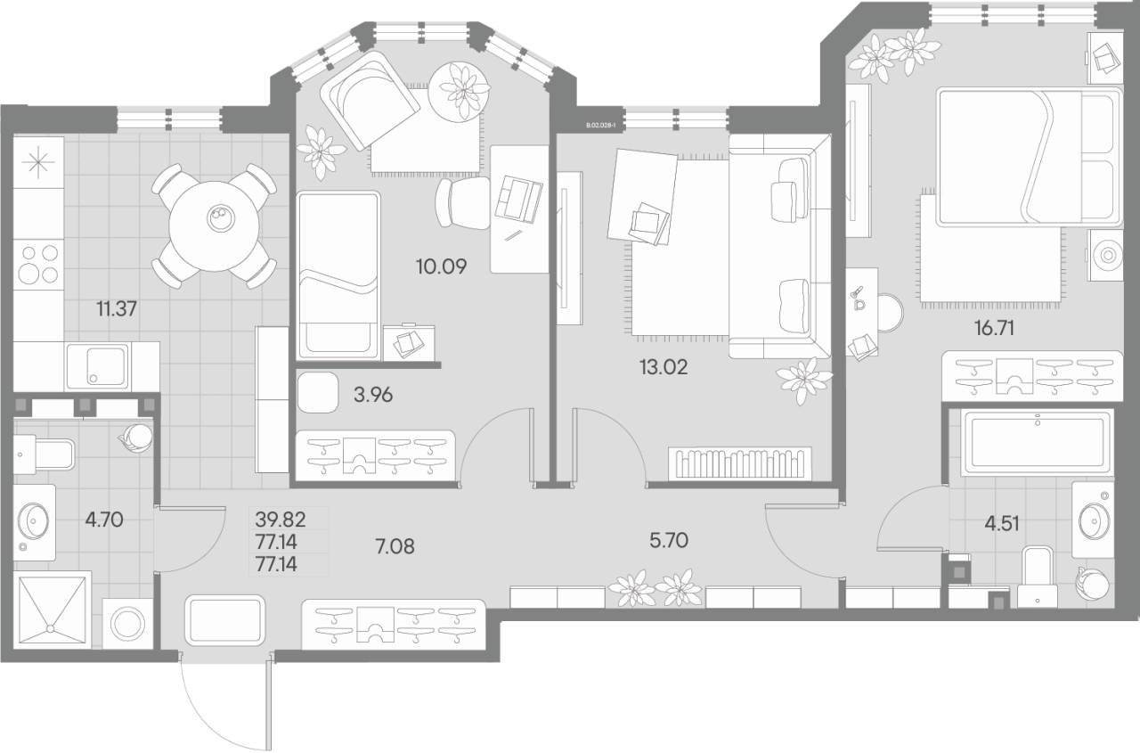 3-комнатная квартира, 77.14 м² в ЖК "Amo" - планировка, фото №1