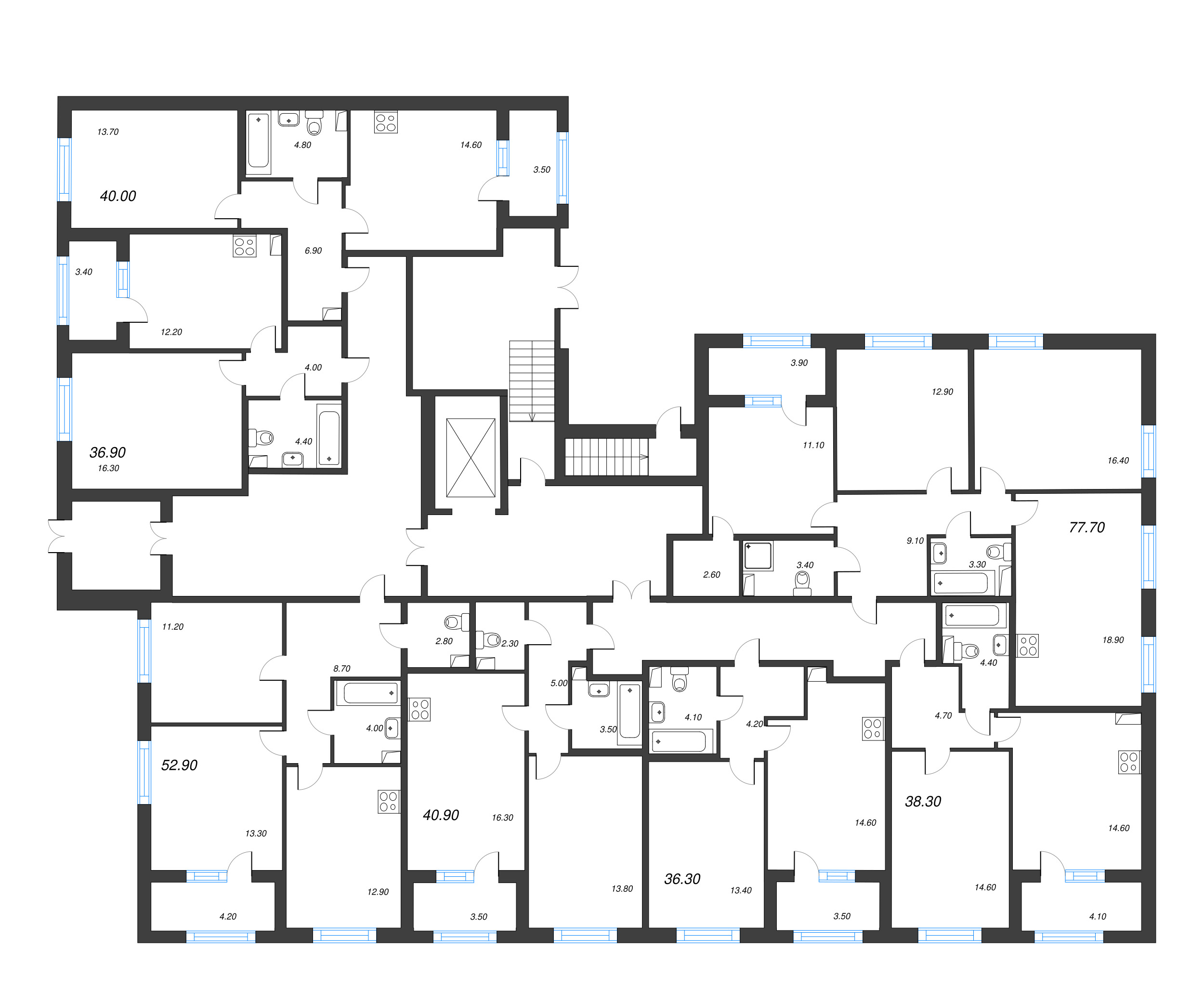 4-комнатная (Евро) квартира, 77.7 м² - планировка этажа