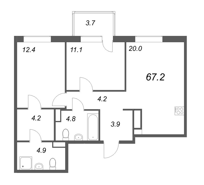 3-комнатная (Евро) квартира, 67.2 м² - планировка, фото №1