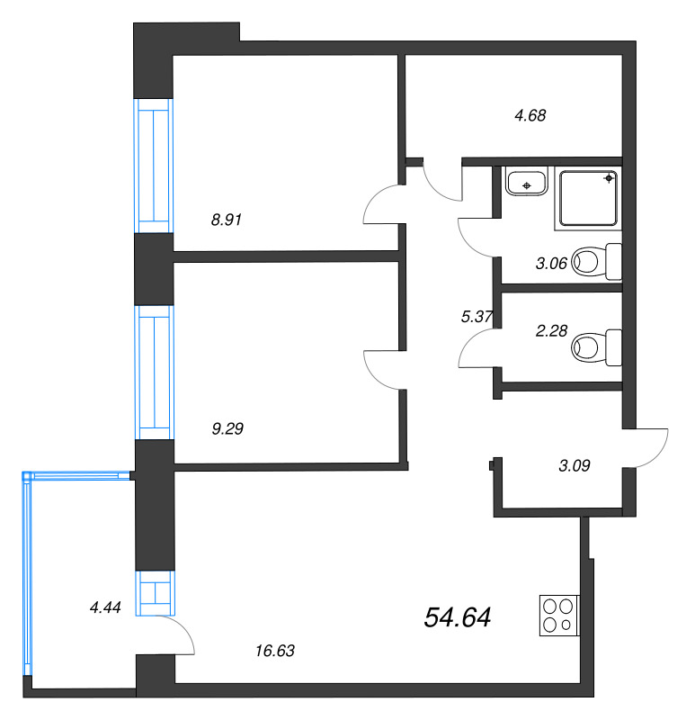 3-комнатная (Евро) квартира, 54.64 м² в ЖК "Уютный" - планировка, фото №1