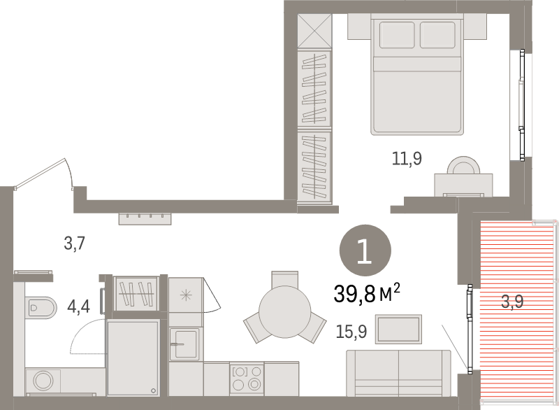 2-комнатная (Евро) квартира, 39.8 м² в ЖК "Брусника в Новоселье" - планировка, фото №1