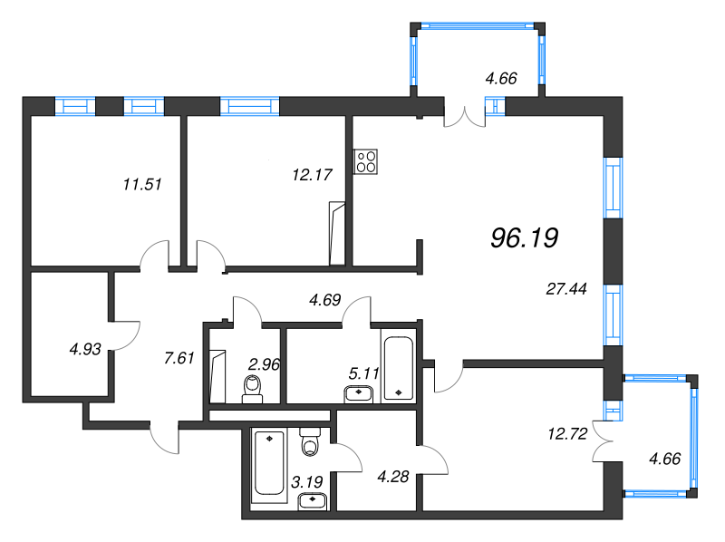 4-комнатная (Евро) квартира, 96.19 м² - планировка, фото №1
