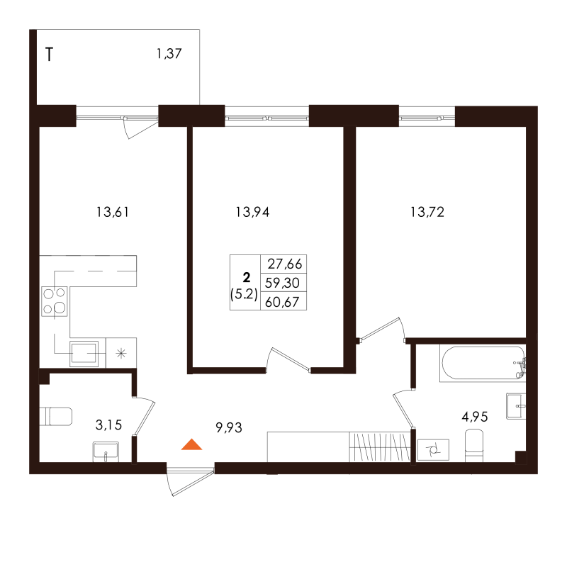 2-комнатная квартира, 60.67 м² в ЖК "Лисино" - планировка, фото №1