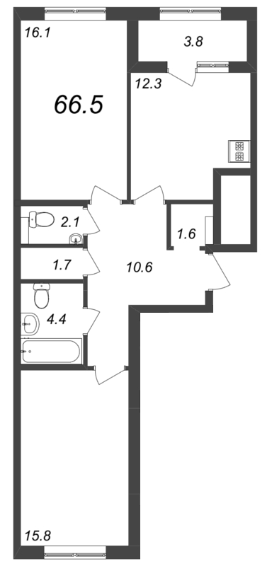 2-комнатная квартира, 66.7 м² - планировка, фото №1