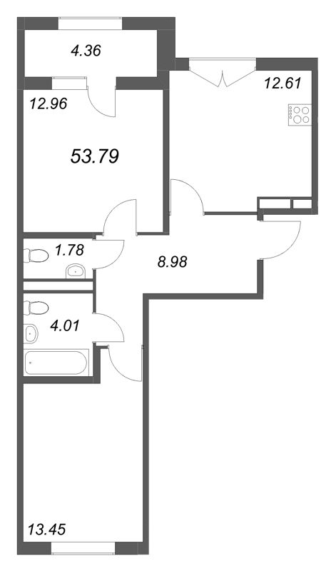 2-комнатная квартира, 53.79 м² в ЖК "Дубровский" - планировка, фото №1