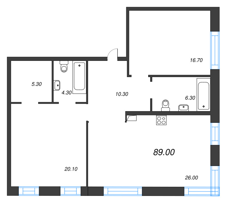3-комнатная (Евро) квартира, 89 м² - планировка, фото №1