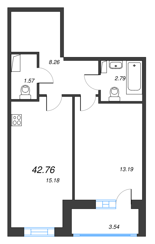 2-комнатная (Евро) квартира, 42.76 м² - планировка, фото №1