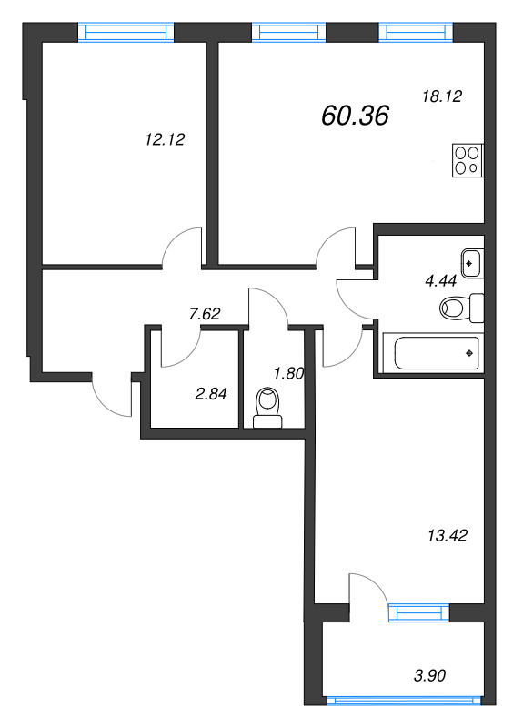 3-комнатная (Евро) квартира, 60.36 м² в ЖК "Любоград" - планировка, фото №1
