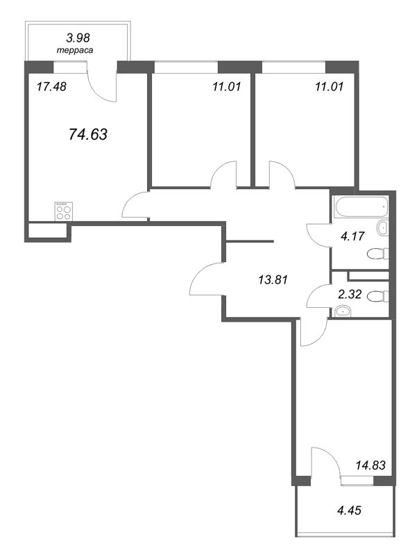 4-комнатная (Евро) квартира, 74.63 м² в ЖК "Дом на Курской" - планировка, фото №1