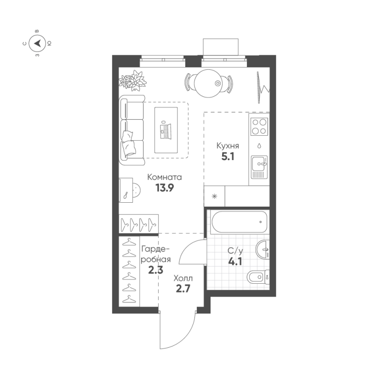 1-комнатная квартира, 28.1 м² в ЖК "Ягодное Река Парк" - планировка, фото №1