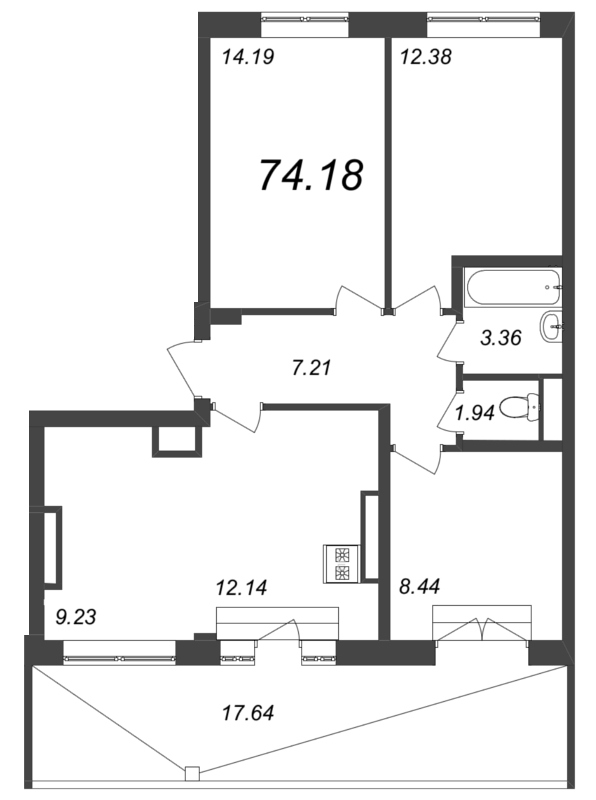 4-комнатная квартира, 74.18 м² - планировка, фото №1
