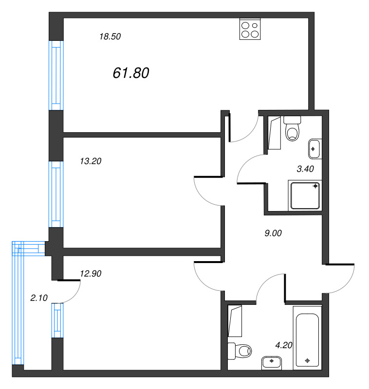 2-комнатная квартира, 61.8 м² в ЖК "Парусная 1" - планировка, фото №1