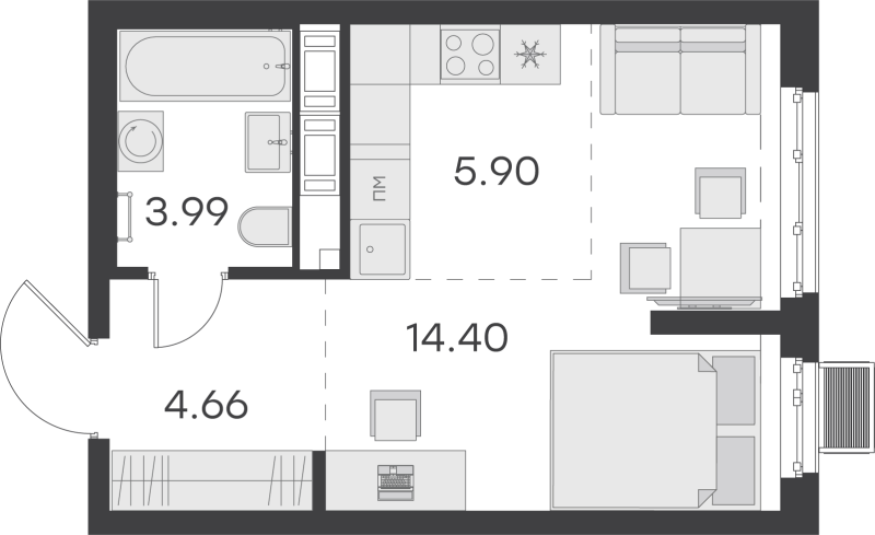 Квартира-студия, 28.95 м² - планировка, фото №1