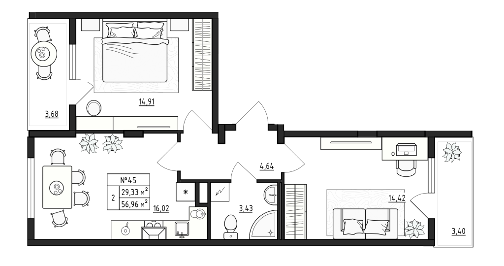 3-комнатная (Евро) квартира, 56.96 м² в ЖК "Верево Сити" - планировка, фото №1