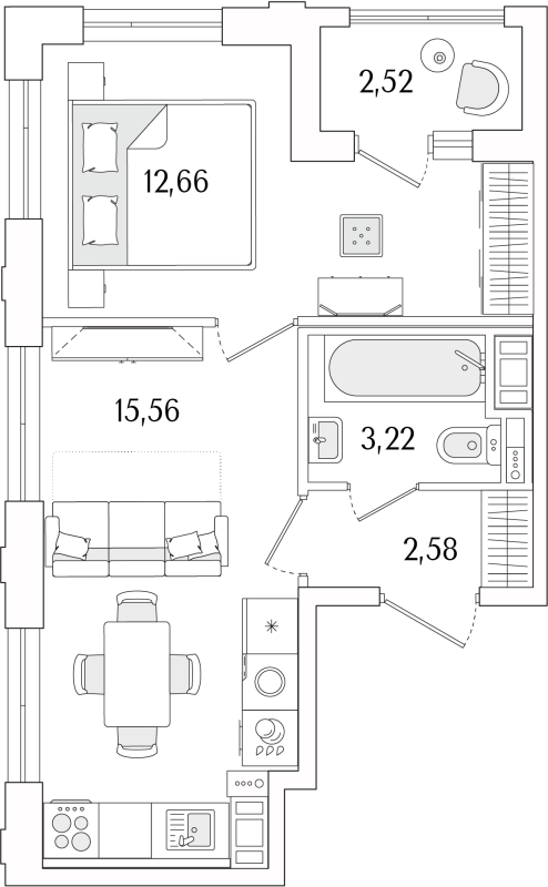 2-комнатная (Евро) квартира, 35.28 м² в ЖК "Гранат" - планировка, фото №1