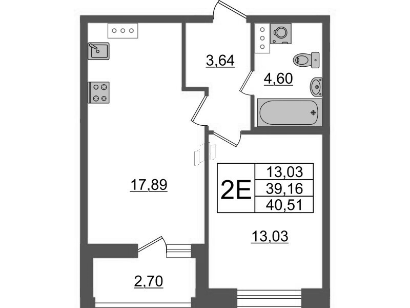 2-комнатная (Евро) квартира, 40.51 м² - планировка, фото №1