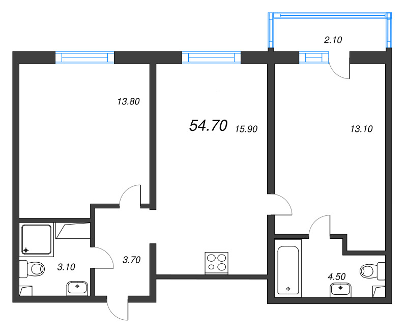 3-комнатная (Евро) квартира, 54.7 м² в ЖК "Дыбенко Парк" - планировка, фото №1