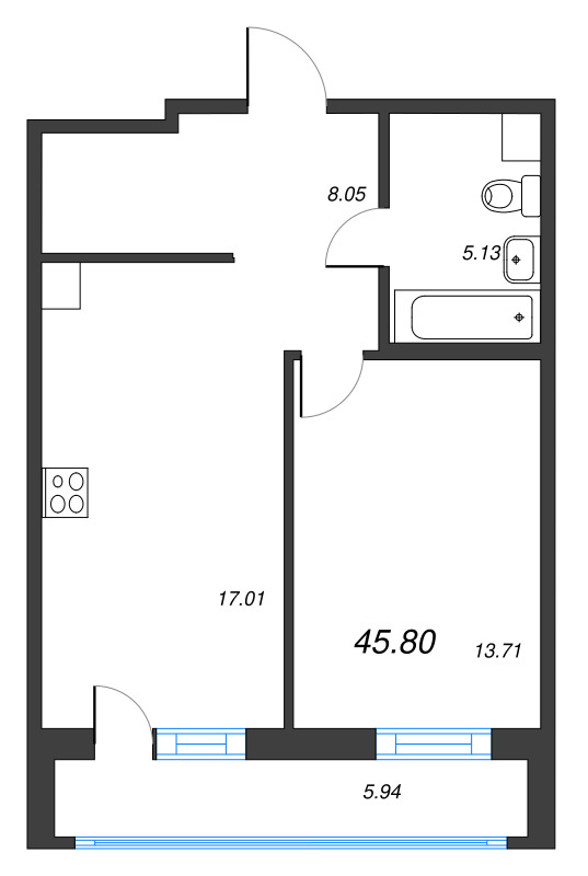 2-комнатная (Евро) квартира, 46.8 м² - планировка, фото №1