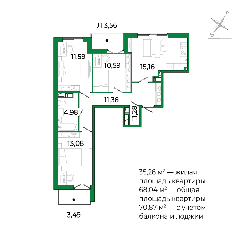 4-комнатная (Евро) квартира, 70.87 м² в ЖК "Сертолово Парк" - планировка, фото №1
