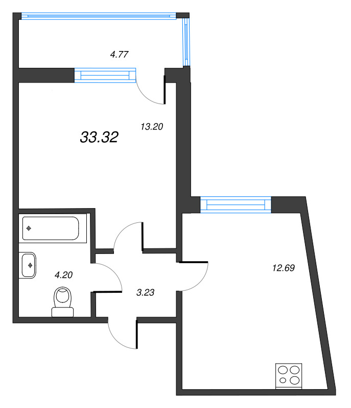 1-комнатная квартира, 33.32 м² - планировка, фото №1
