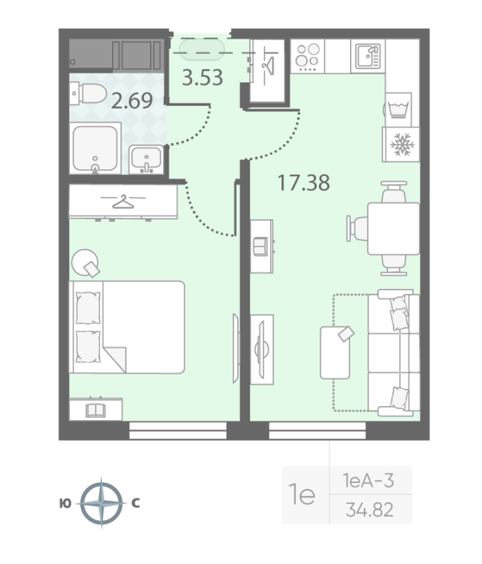 2-комнатная (Евро) квартира, 34.8 м² - планировка, фото №1