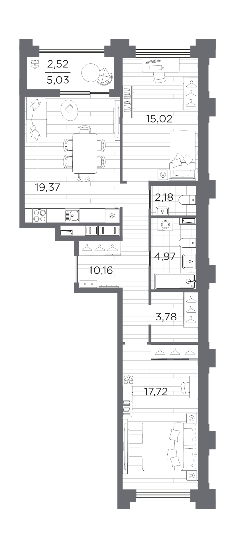 3-комнатная (Евро) квартира, 75.72 м² в ЖК "Ассамблея" - планировка, фото №1