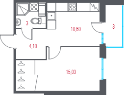 1-комнатная квартира, 34.23 м² в ЖК "Город-спутник Южный" - планировка, фото №1