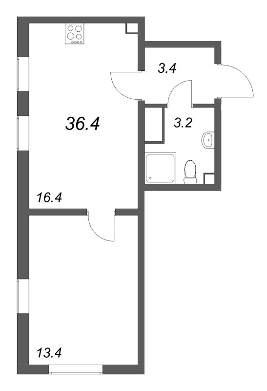 2-комнатная (Евро) квартира, 36.4 м² в ЖК "Октябрьская набережная" - планировка, фото №1