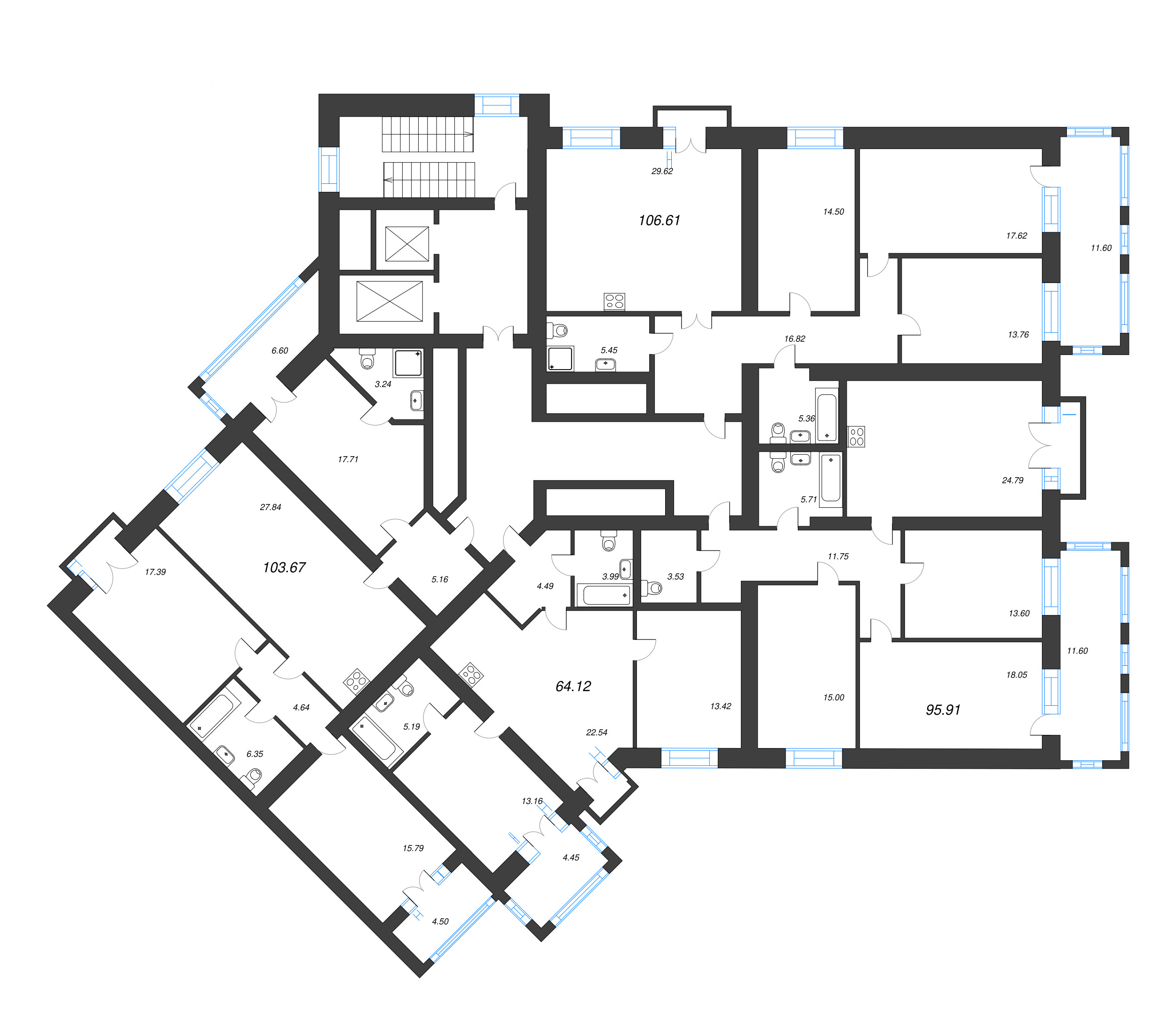 3-комнатная квартира, 95.7 м² в ЖК "Листва" - планировка этажа