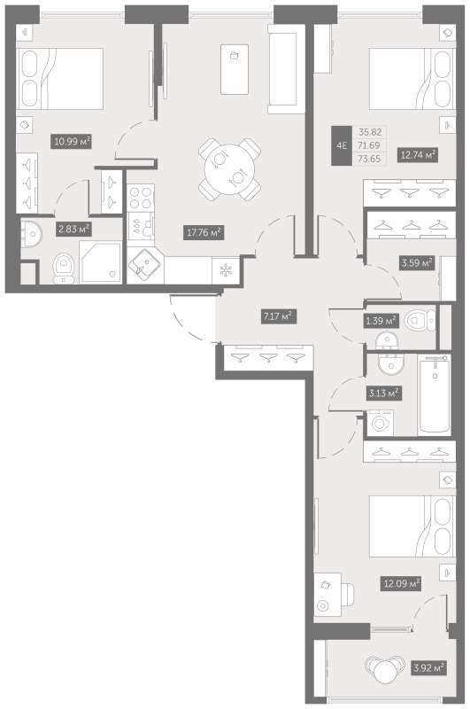 4-комнатная (Евро) квартира, 73.65 м² - планировка, фото №1