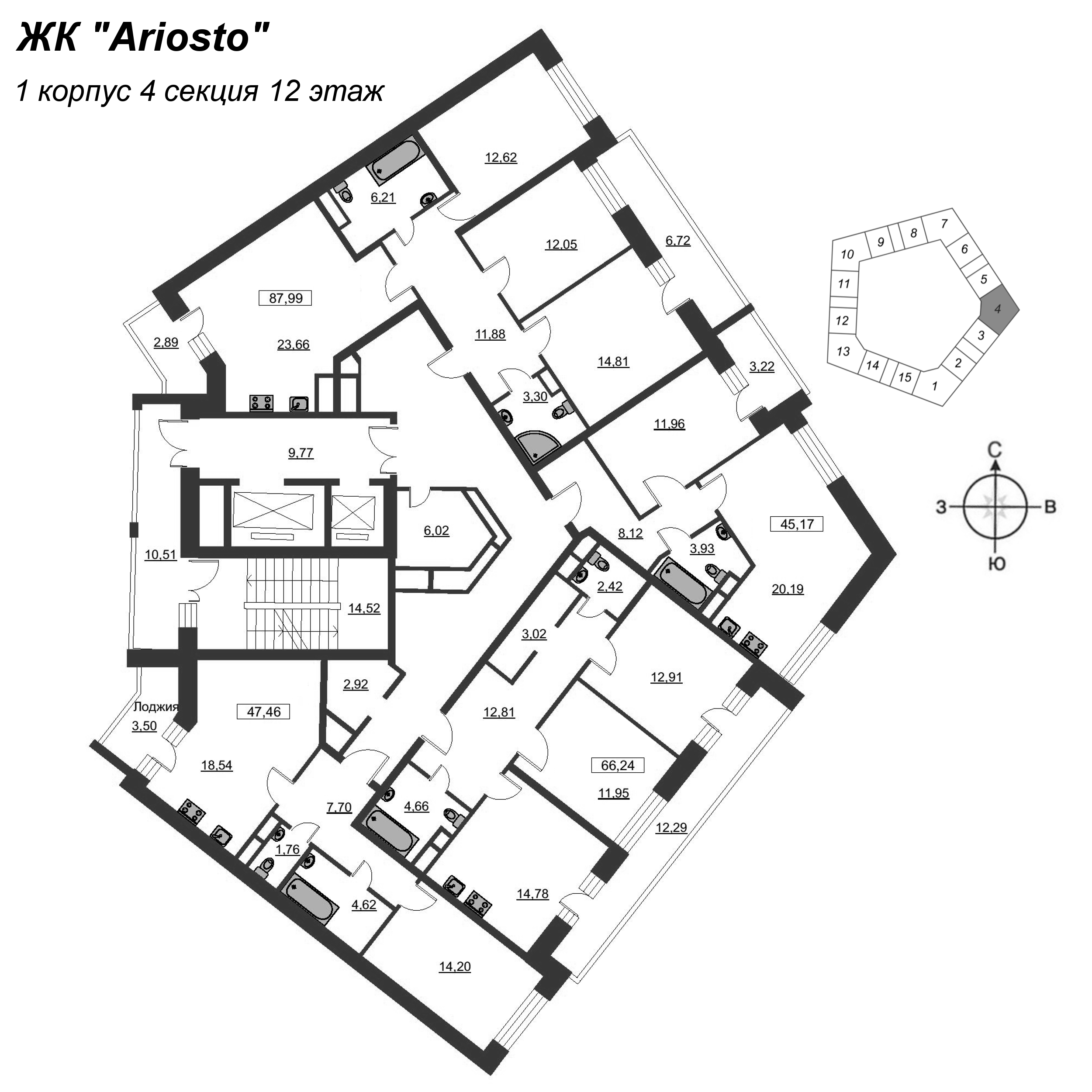 2-комнатная (Евро) квартира, 47.46 м² в ЖК "Ariosto" - планировка этажа