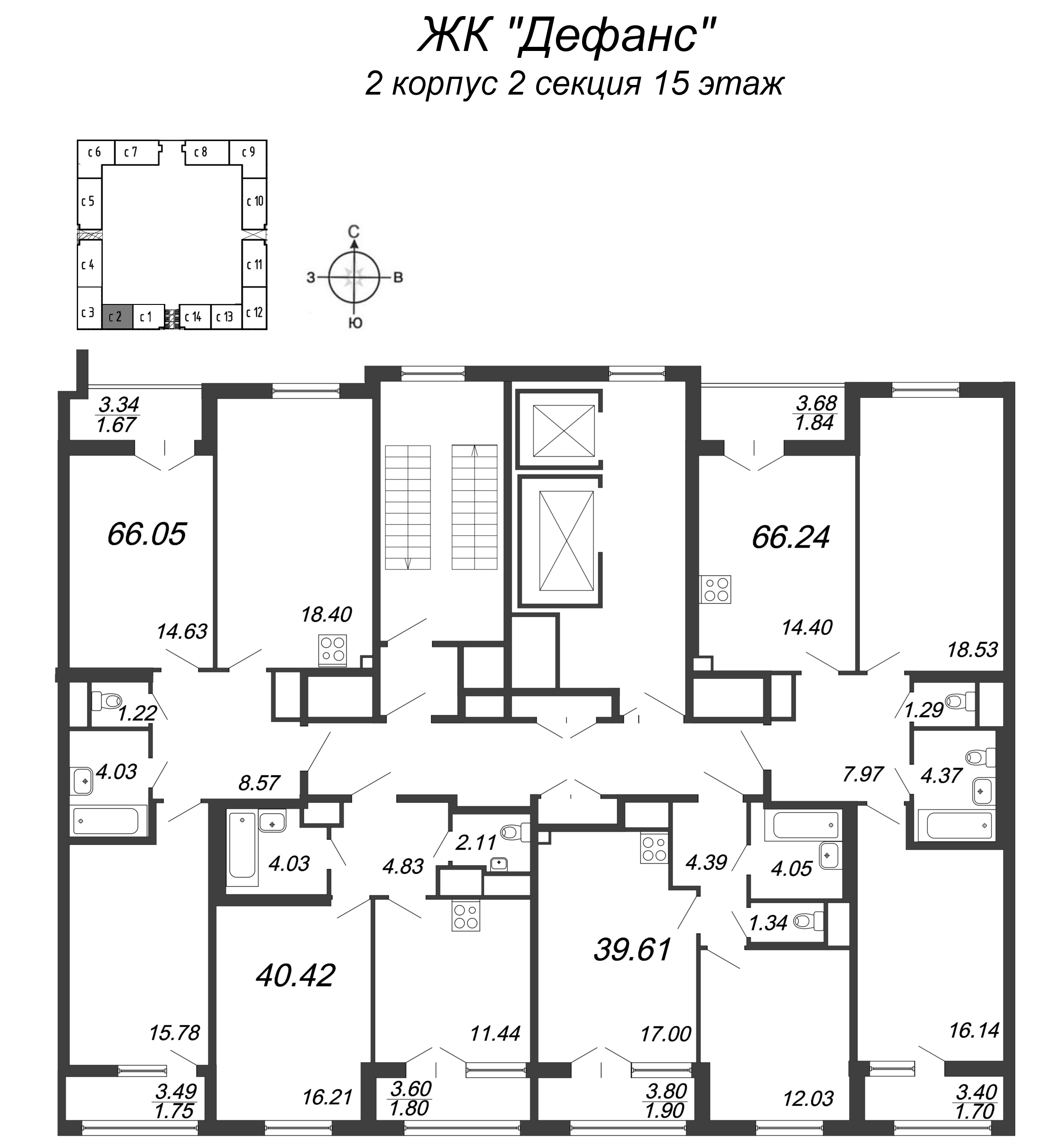 1-комнатная квартира, 40.42 м² в ЖК "Дефанс Бизнес" - планировка этажа