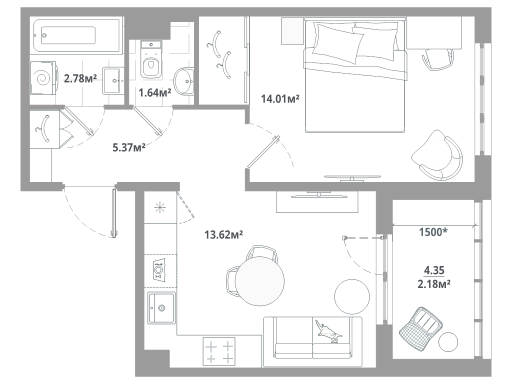 1-комнатная квартира, 39.6 м² - планировка, фото №1