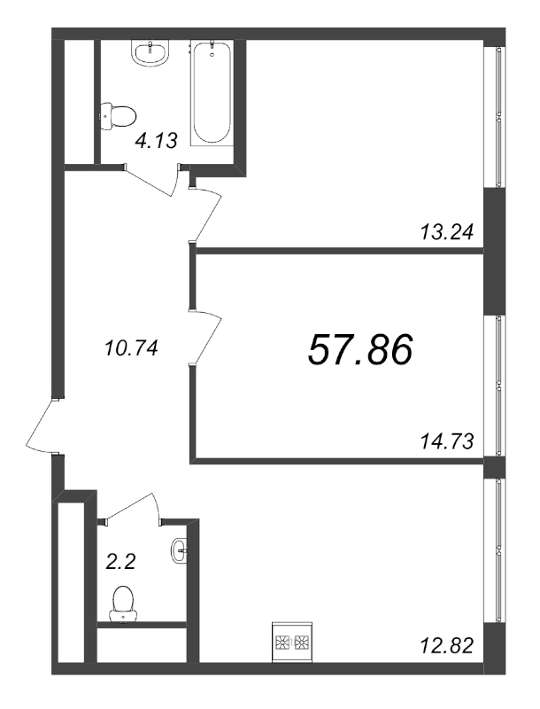 2-комнатная квартира, 57.86 м² - планировка, фото №1