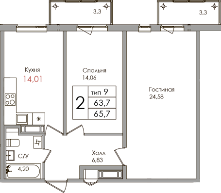 2-комнатная квартира, 63.7 м² в ЖК "Верхний" - планировка, фото №1