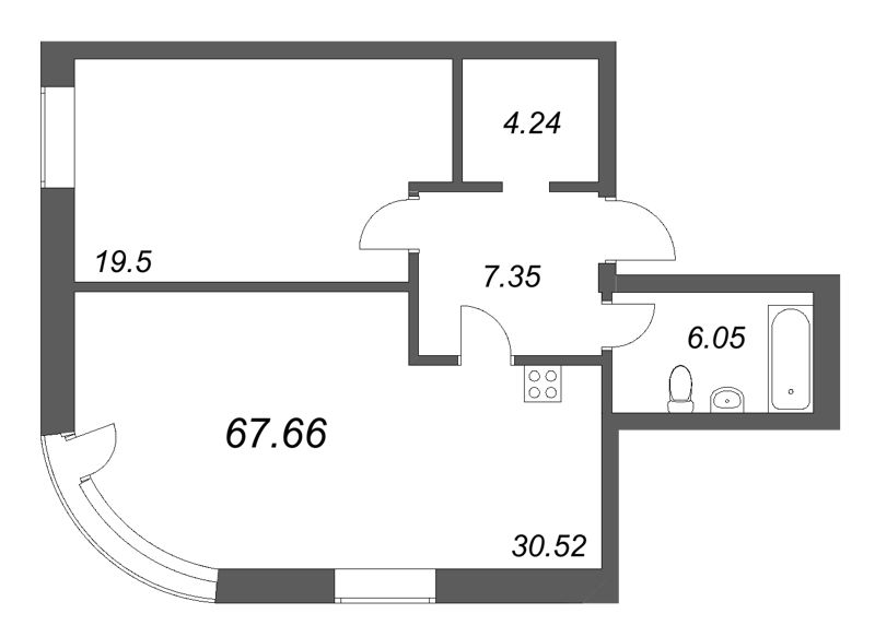 2-комнатная (Евро) квартира, 67.66 м² в ЖК "Фонтанка 130" - планировка, фото №1